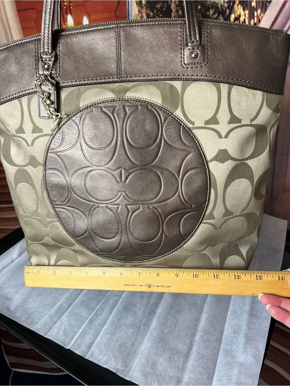 Coach Monogram Large Logo Tote Bag with Charms, Taupe Tan color